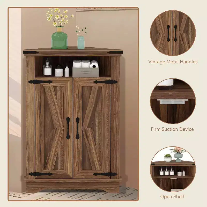 Corner Storage Cabinet with Barn Door, Farmhouse Style Floor Standing Corner Cabinet with Adjustable Shelves, Storage Cabinet for Home Office