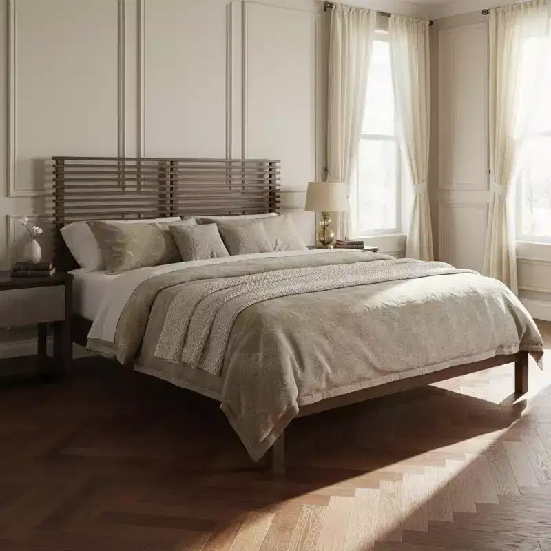 Modern Pine Wood Bed Frame with Horizontal Slatted Headboard