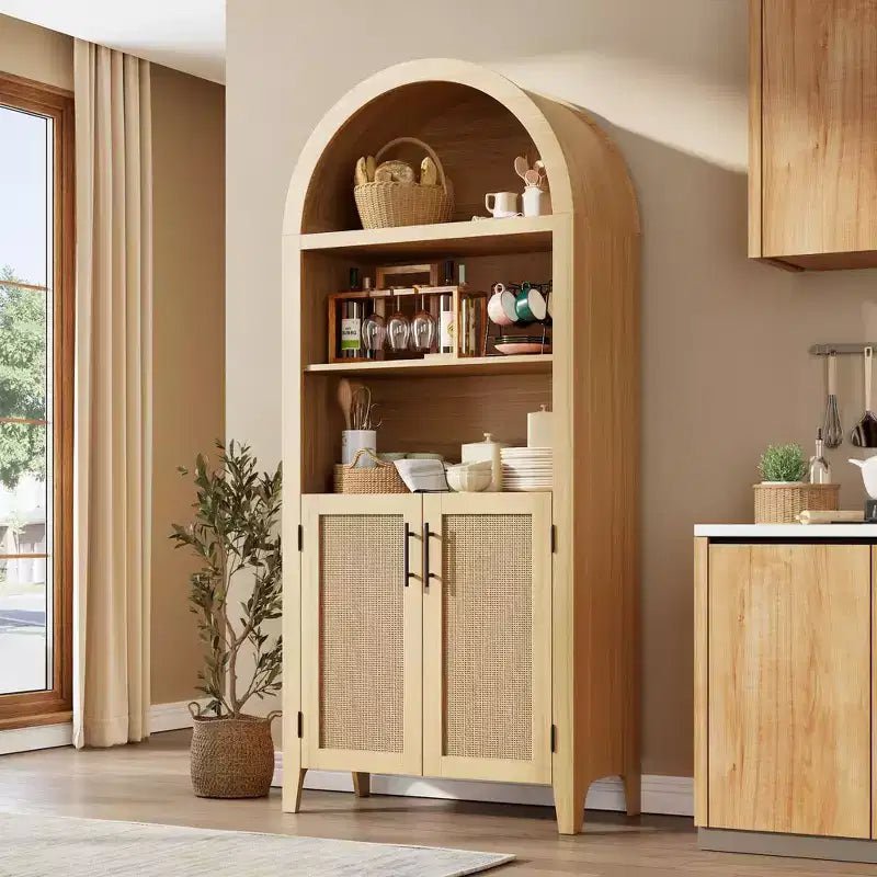 Libreria ad arco con ante in rattan, scaffale moderno a 5 ripiani per casa/ufficio/biblioteca