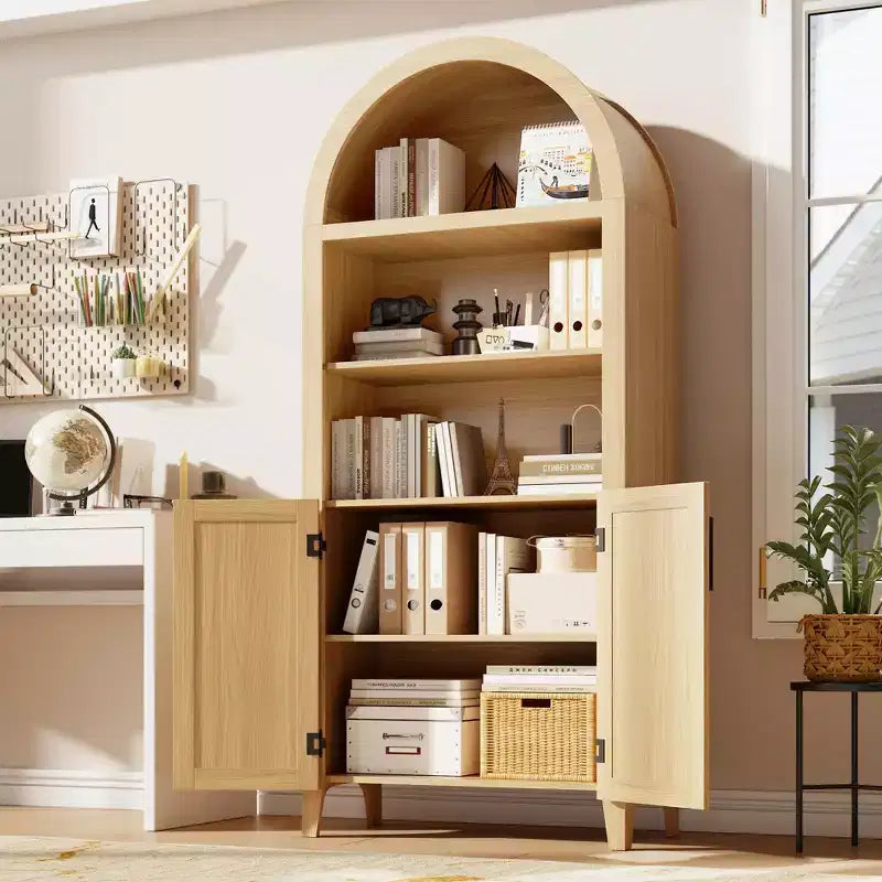 Libreria ad arco con ante in rattan, scaffale moderno a 5 ripiani per casa/ufficio/biblioteca