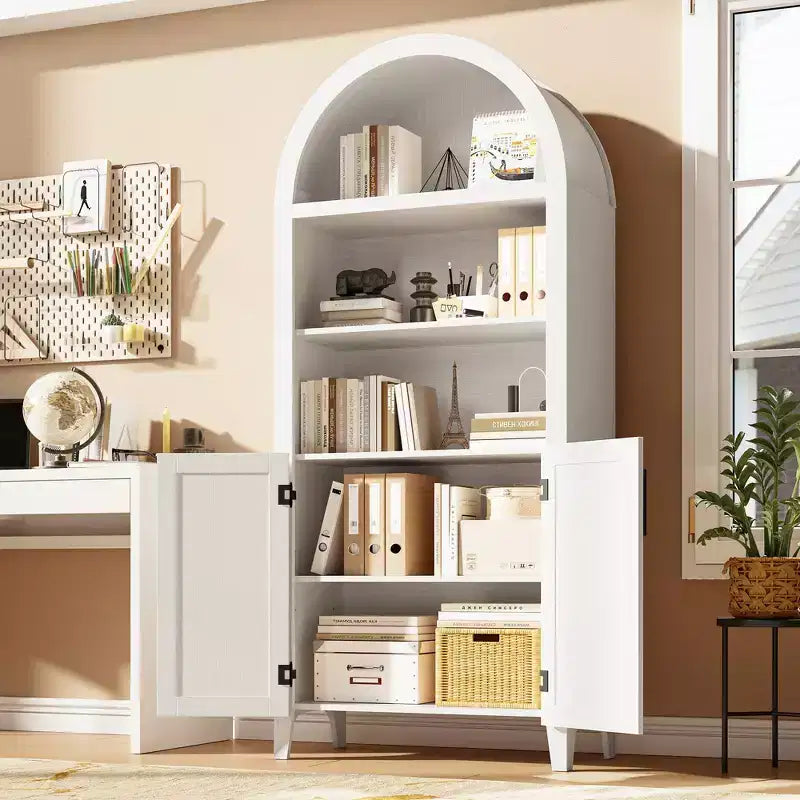 Libreria ad arco con ante in rattan, scaffale moderno a 5 ripiani per casa/ufficio/biblioteca