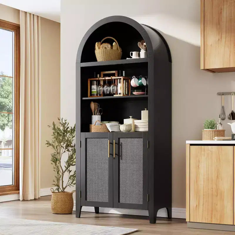 Arched Bookcase with Rattan Doors  5-Tier Modern Storage Shelf for Home/Office/Library