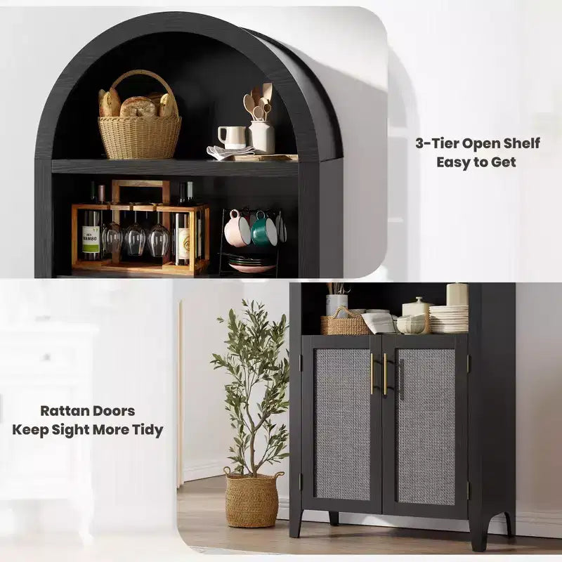 Arched Bookcase with Rattan Doors  5-Tier Modern Storage Shelf for Home/Office/Library