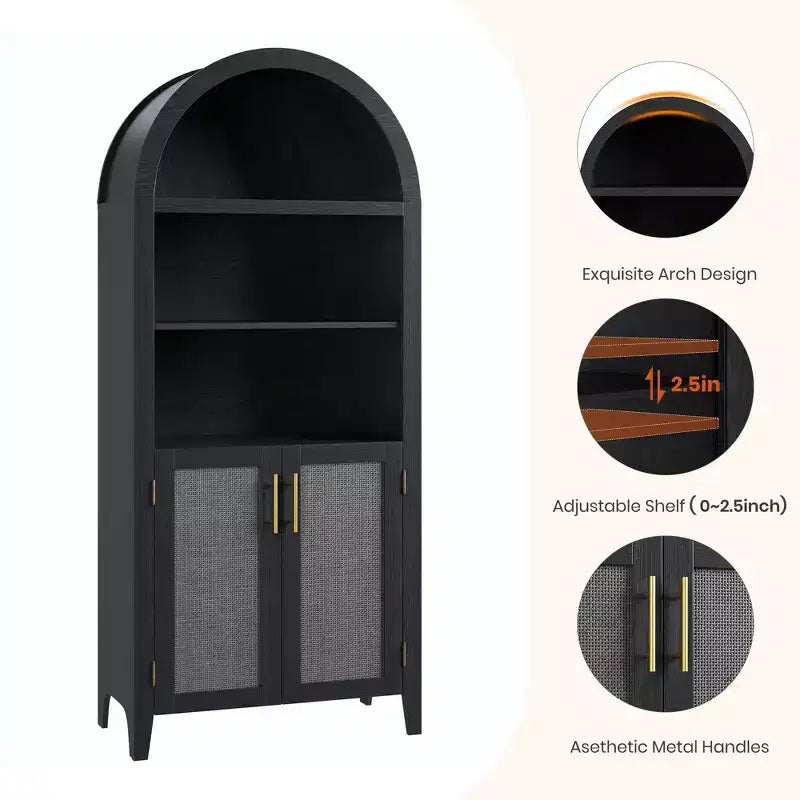 Arched Bookcase with Rattan Doors  5-Tier Modern Storage Shelf for Home/Office/Library