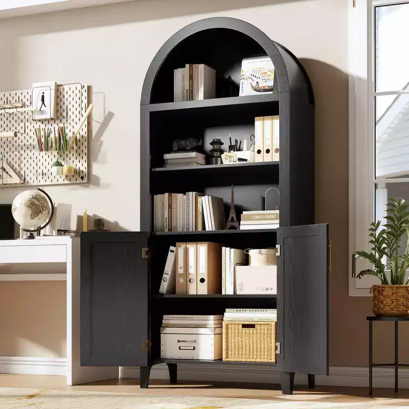 Libreria ad arco con ante in rattan, scaffale moderno a 5 ripiani per casa/ufficio/biblioteca