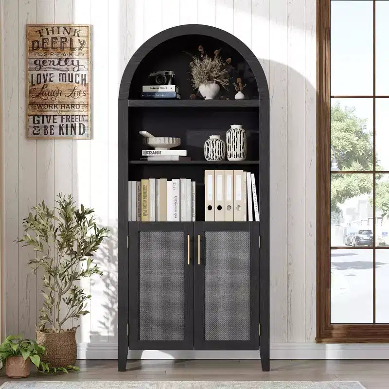 Arched Bookcase with Rattan Doors  5-Tier Modern Storage Shelf for Home/Office/Library