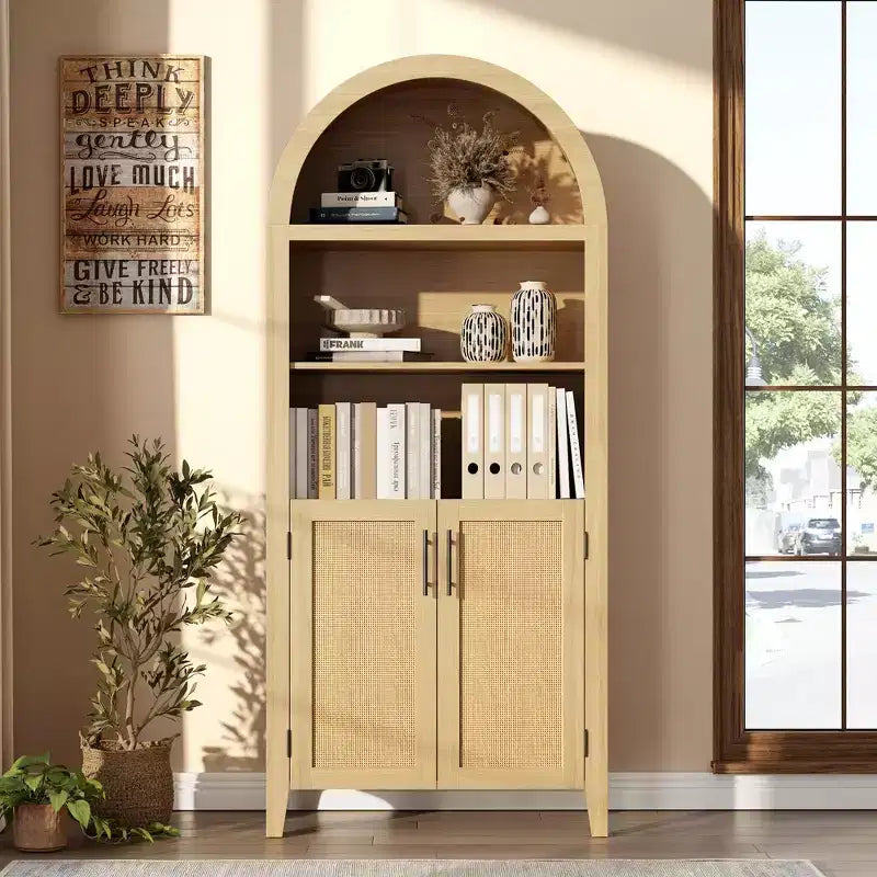Arched Bookcase with Rattan Doors  5-Tier Modern Storage Shelf for Home/Office/Library