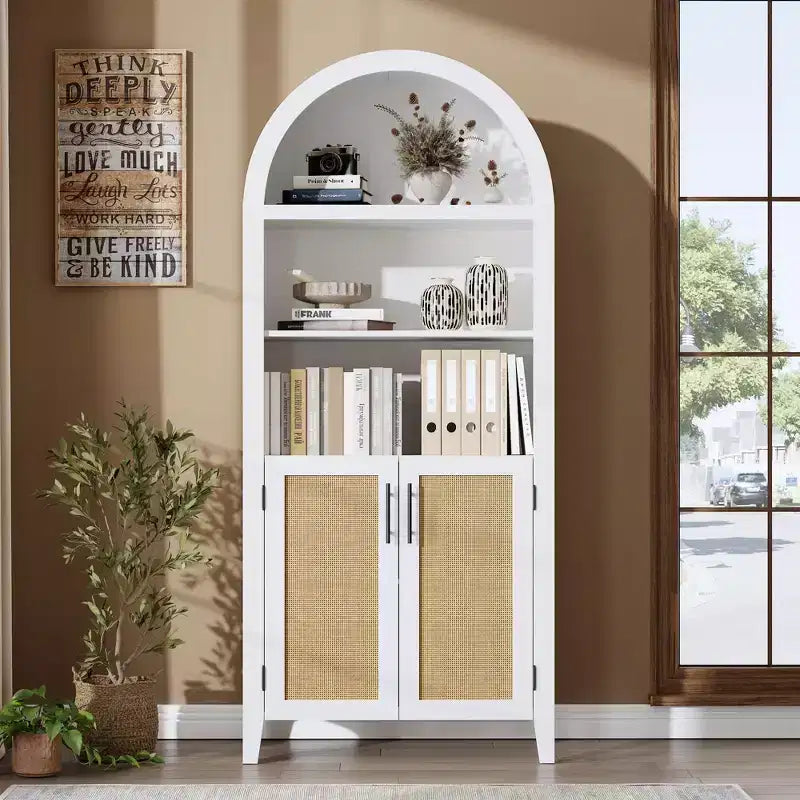Arched Bookcase with Rattan Doors  5-Tier Modern Storage Shelf for Home/Office/Library