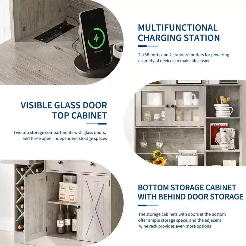 Mobile da Bar Caffè con Presa di Corrente e Raffinate Ante a Grana di Legno, Credenza Buffet con Portabottiglie per Vino