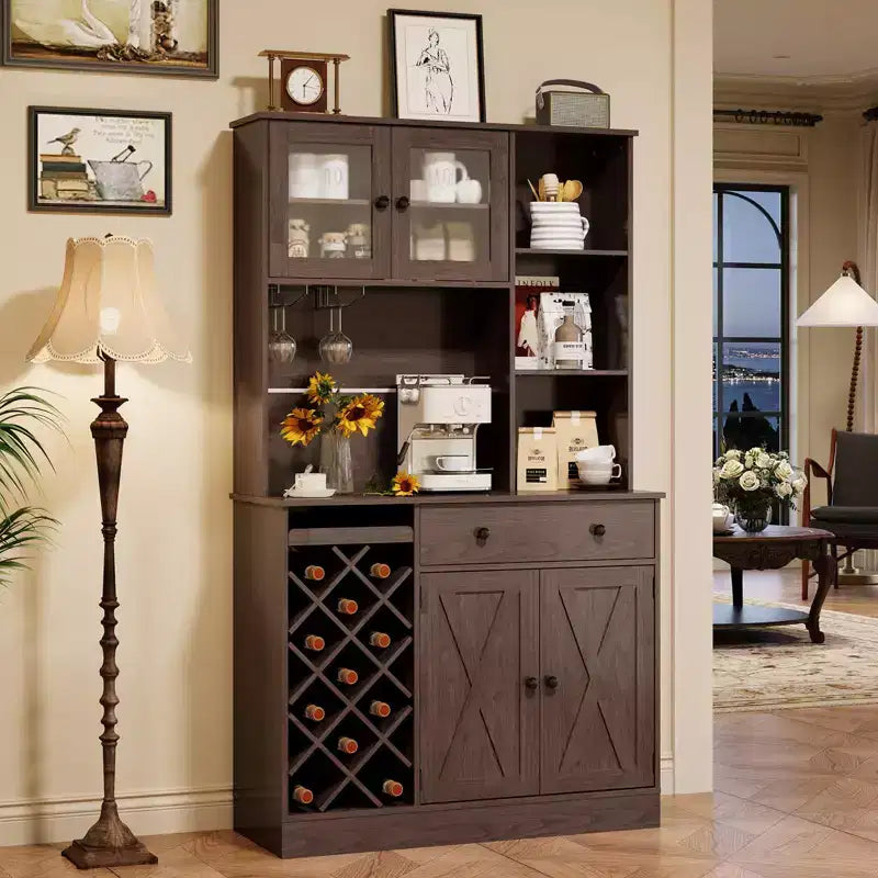 Coffee Bar Cabinet with Power Outlet & Exquisite Barn Doors, Sideboard Buffet Cabinet with Wine Bottle Rack