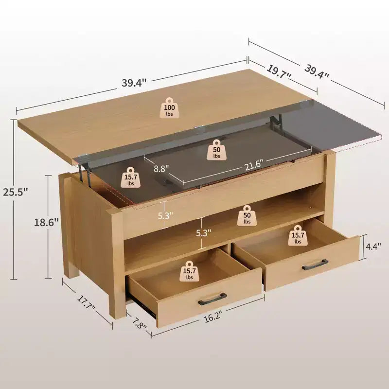 Tavolino da caffè convertibile 4 in 1 con piano sollevabile e contenitore per soggiorno - 40 tavolini da caffè con contenitore e 2 cassetti
