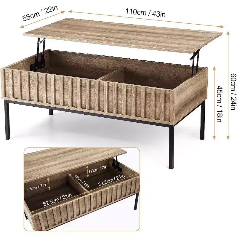 Lift Top Coffee Table with Hidden Compartment, Modern Coffee Table with Storage, Fluted Wood Center Table Rising Tabletop Tea Table for Living Room