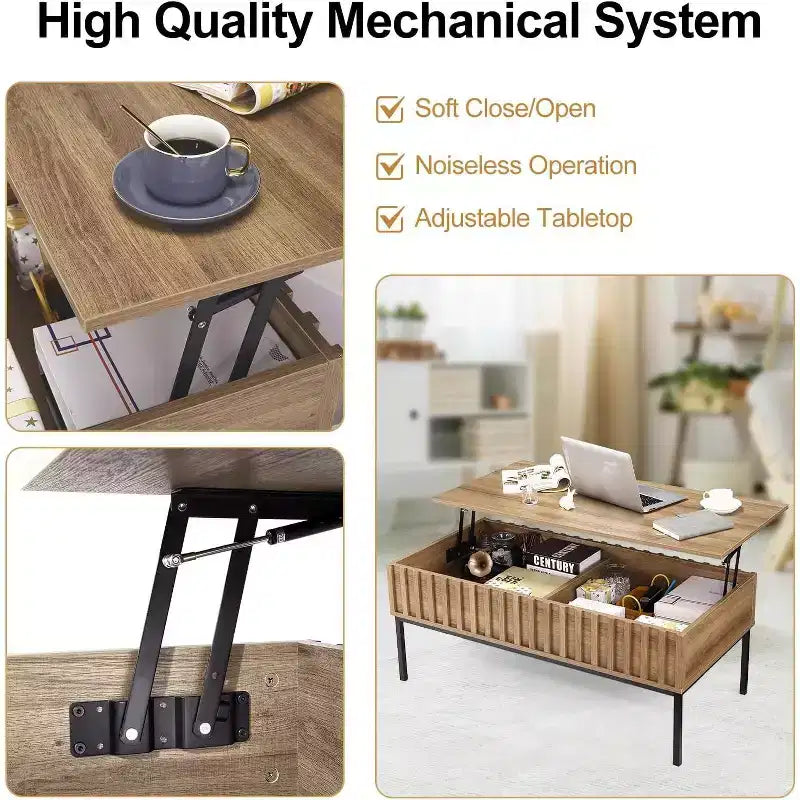 Tavolino da caffè sollevabile con scomparto nascosto, tavolino moderno con contenitore, tavolino da tè con piano rialzabile in legno scanalato per soggiorno