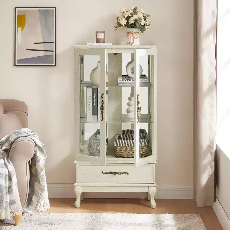 Curio Cabinet with Light, Adjustable Shelves, Vintage Drawer, and Carved Handles for Sophisticated Display