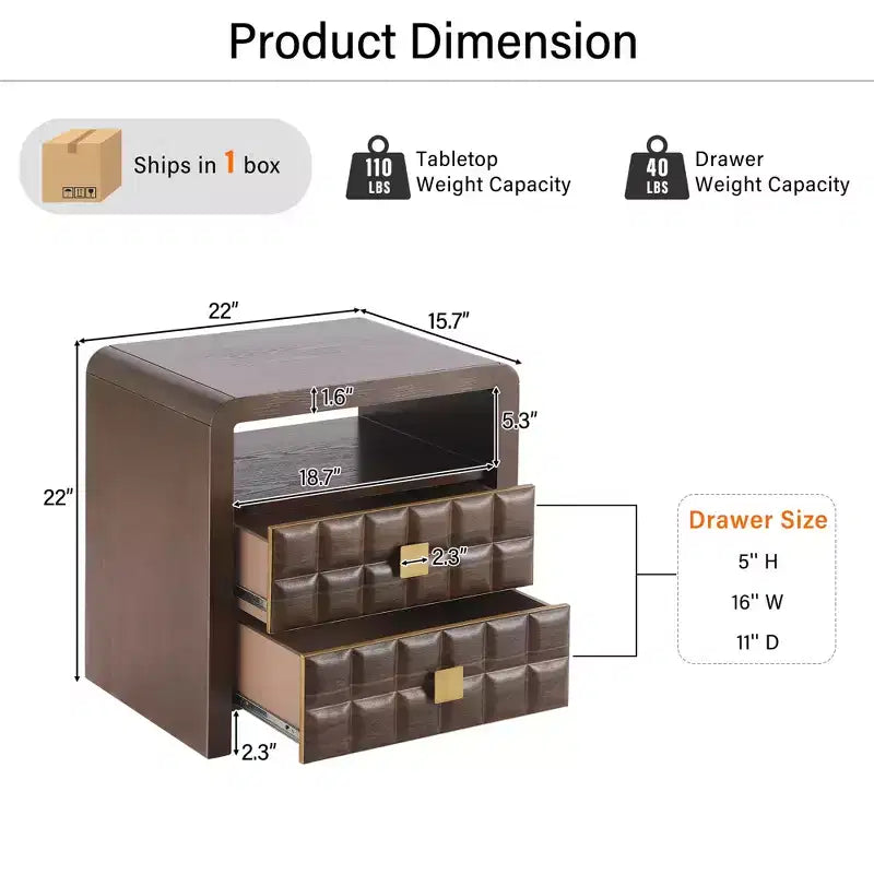 Comodino moderno con 2 cassetti e 1 ripiano aperto