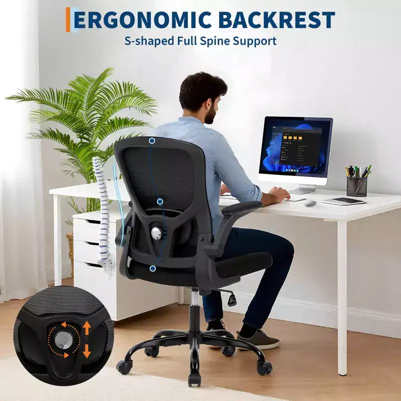 Ergonomic Mesh Office Chair  Adjustable Lumbar Support, Turn over-Up Armrests, High Back Swivel Desk Chair, Comfortable Rolling Executive Task Chair