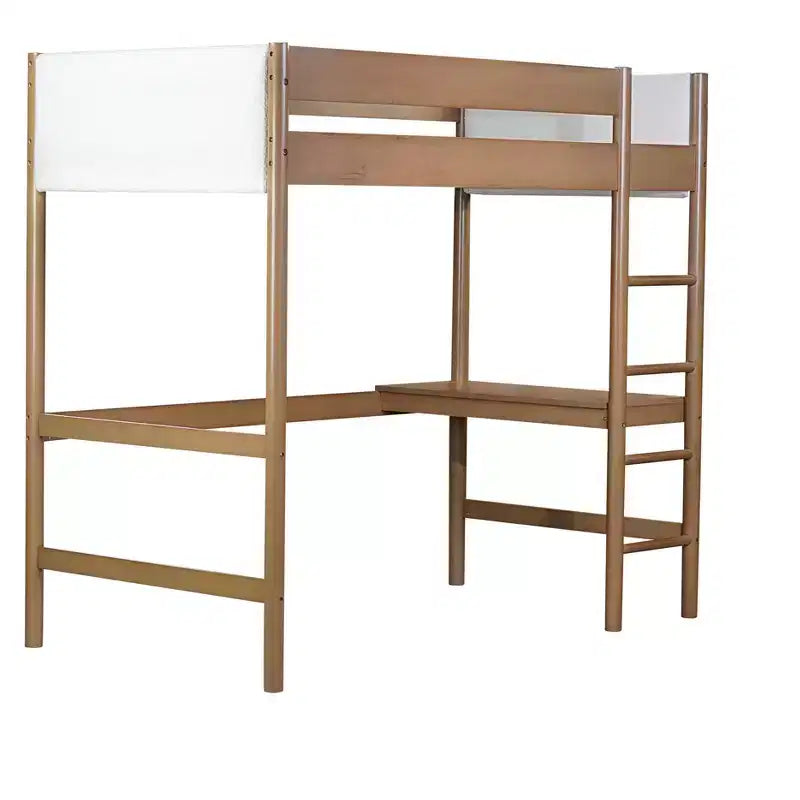 Letto a soppalco singolo con scrivania, testiera e pediera imbottite in Teddy Bouclé, struttura in legno di Hevea, scaletta e sponde di sicurezza, naturale