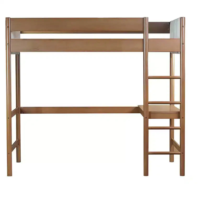 Letto a soppalco singolo con scrivania, testiera e pediera imbottite in Teddy Bouclé, struttura in legno di Hevea, scaletta e sponde di sicurezza, naturale