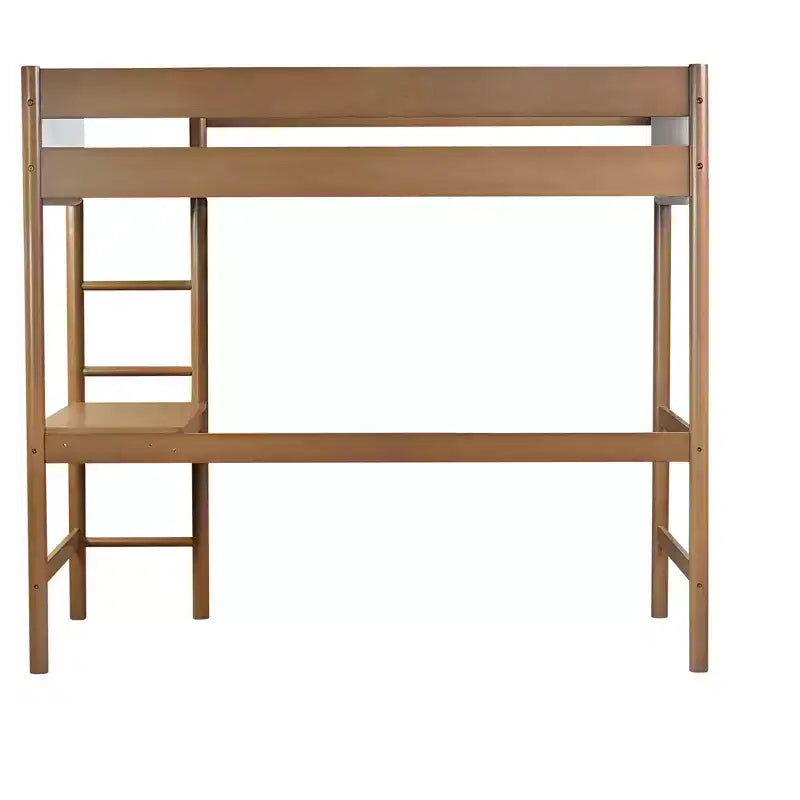 Letto a soppalco singolo con scrivania, testiera e pediera imbottite in Teddy Bouclé, struttura in legno di Hevea, scaletta e sponde di sicurezza, naturale