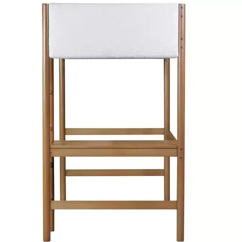 Letto a soppalco singolo con scrivania, testiera e pediera imbottite in Teddy Bouclé, struttura in legno di Hevea, scaletta e sponde di sicurezza, naturale