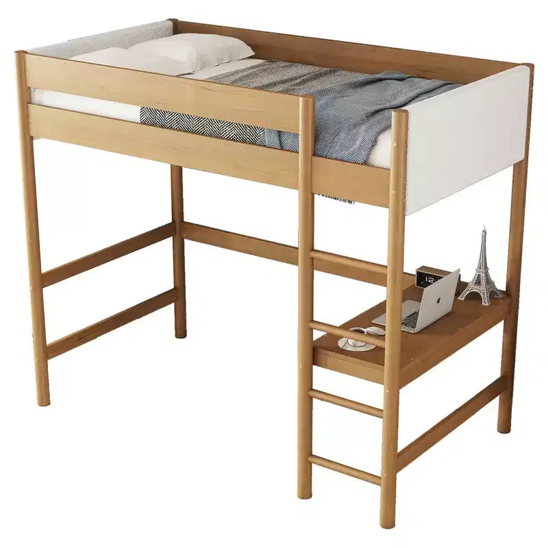Letto a soppalco singolo con scrivania, testiera e pediera imbottite in Teddy Bouclé, struttura in legno di Hevea, scaletta e sponde di sicurezza, naturale