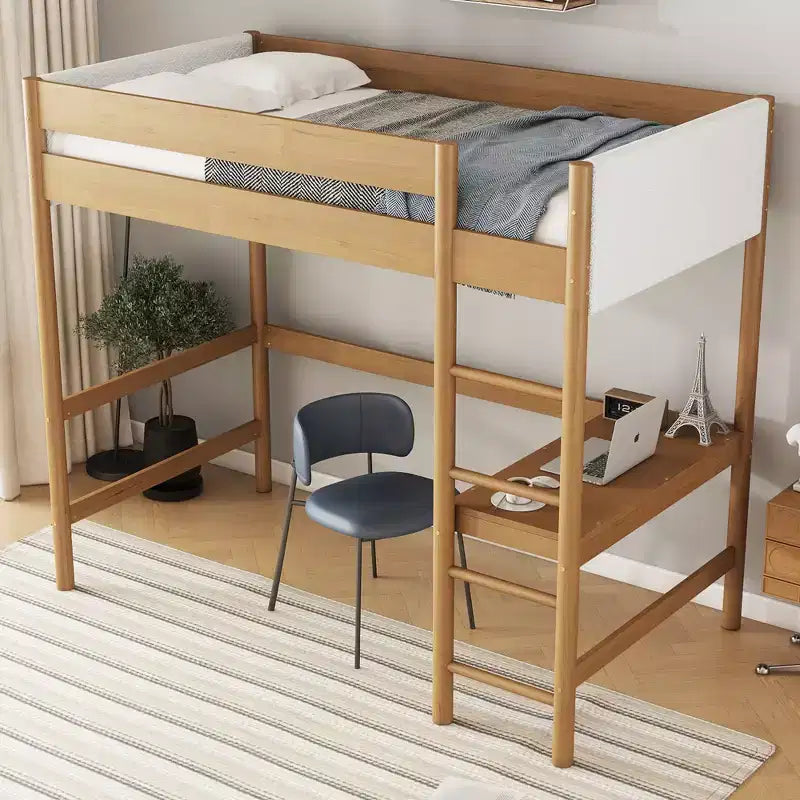 Letto a soppalco singolo con scrivania, testiera e pediera imbottite in Teddy Bouclé, struttura in legno di Hevea, scaletta e sponde di sicurezza, naturale