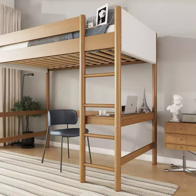 Twin Loft Bed with Desk, Teddy Boucle Upholstered Headboard & Footboard, Rubberwood Frame, Ladder & Safety Guardrails, Natural