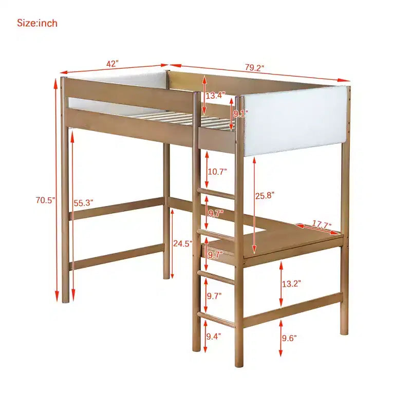 Letto a soppalco singolo con scrivania, testiera e pediera imbottite in Teddy Bouclé, struttura in legno di Hevea, scaletta e sponde di sicurezza, naturale