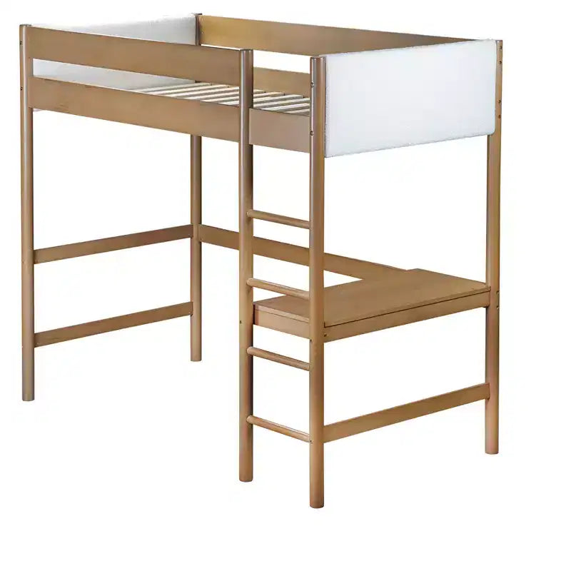 Letto a soppalco singolo con scrivania, testiera e pediera imbottite in Teddy Bouclé, struttura in legno di Hevea, scaletta e sponde di sicurezza, naturale