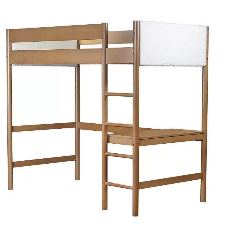 Letto a soppalco singolo con scrivania, testiera e pediera imbottite in Teddy Bouclé, struttura in legno di Hevea, scaletta e sponde di sicurezza, naturale