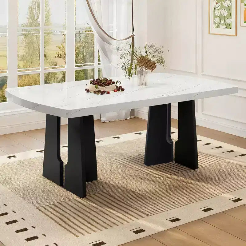 63 Modern Faux Marble Dining Table with Geometric Legs and Sturdy Construction