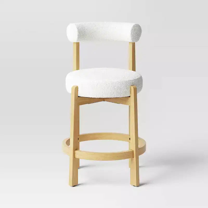 25.5" Sculptural Upholstered and Wood Boucle Counter Height Barstool with Footrest, Cream