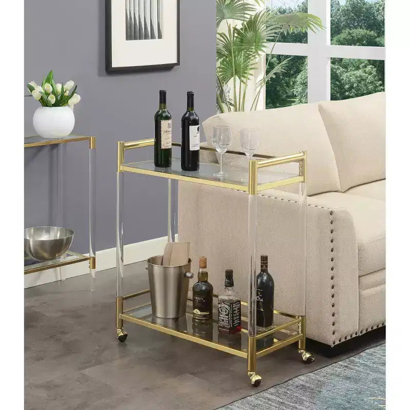 2 Tier Acrylic Glass Bar Cart Gold/Glass - Tempered Shelves, Swivel Wheels