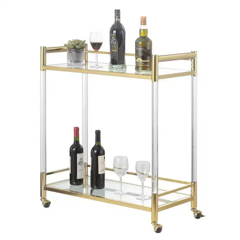 2 Tier Acrylic Glass Bar Cart Gold/Glass - Tempered Shelves, Swivel Wheels