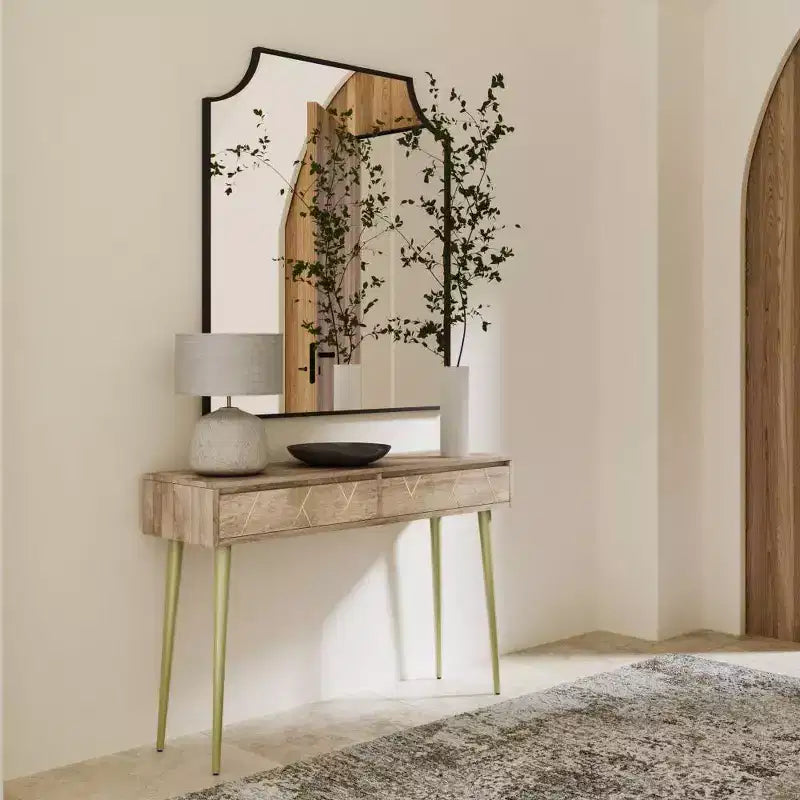 Consolle Naturale - Mid-Century Modern, Intarsio Geometrico in Ottone, Contenitore