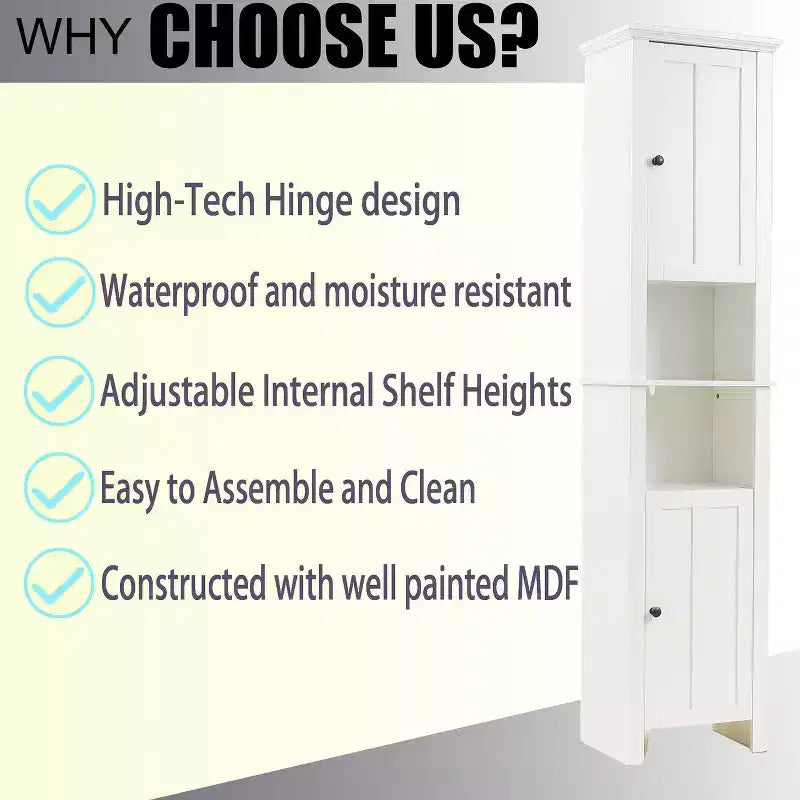 Mobile alto da bagno in MDF bianco, 170 cm, con torre per la biancheria