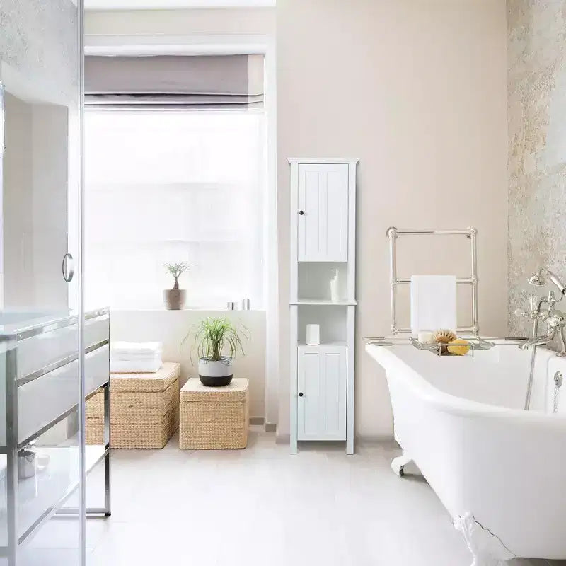 Mobile alto da bagno in MDF bianco, 170 cm, con torre per la biancheria