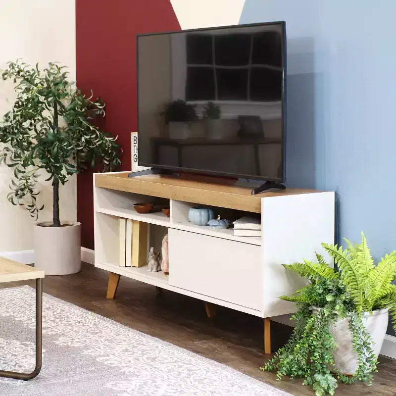 Mobile TV da interno Mid-Century Modern con mobiletto e mensole per TV da 58"