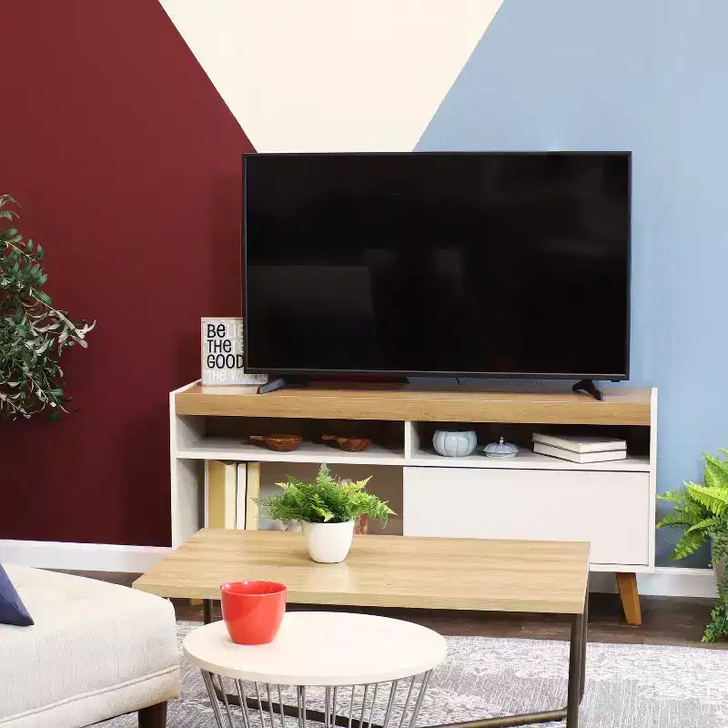 Mobile TV da interno Mid-Century Modern con mobiletto e mensole per TV da 58"