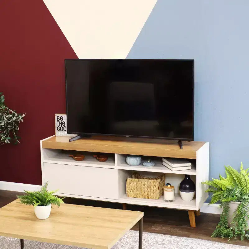 Mobile TV da interno Mid-Century Modern con mobiletto e mensole per TV da 58"
