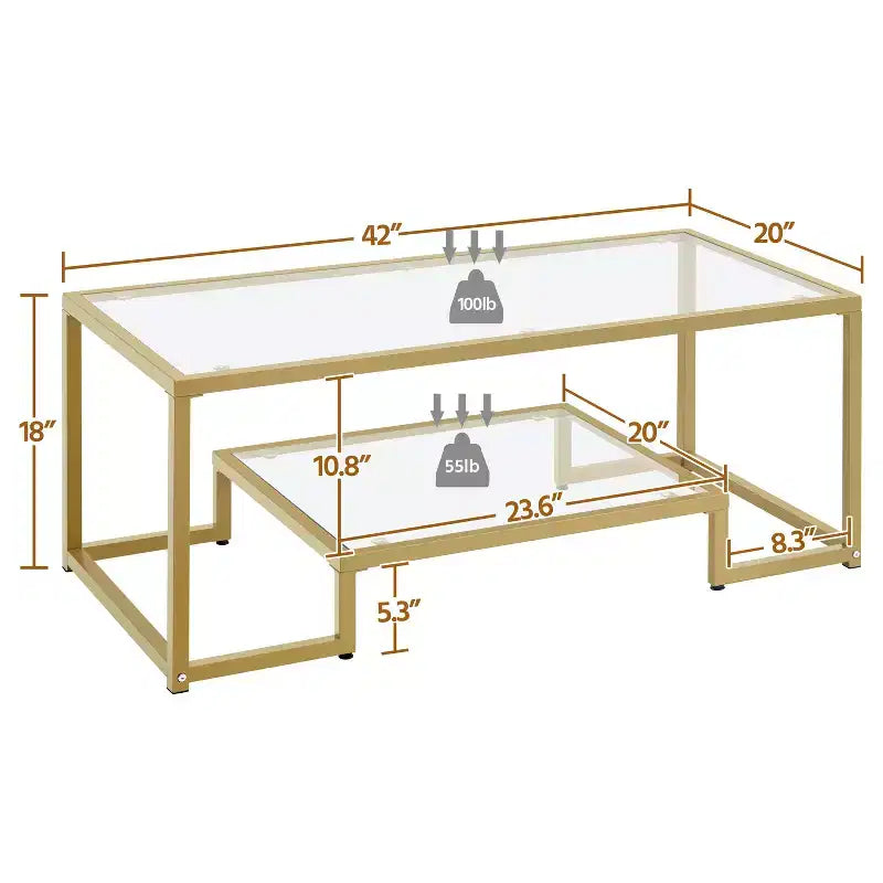 Modern Tempered Glass Coffee Table with Open Shelf for Living Room, Gold