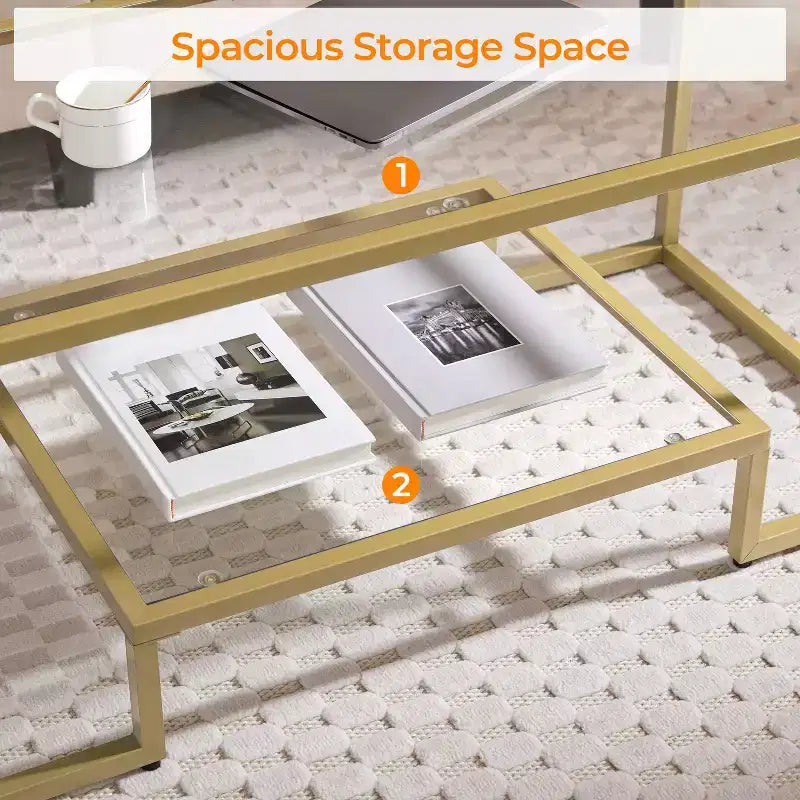 Modern Tempered Glass Coffee Table with Open Shelf for Living Room, Gold
